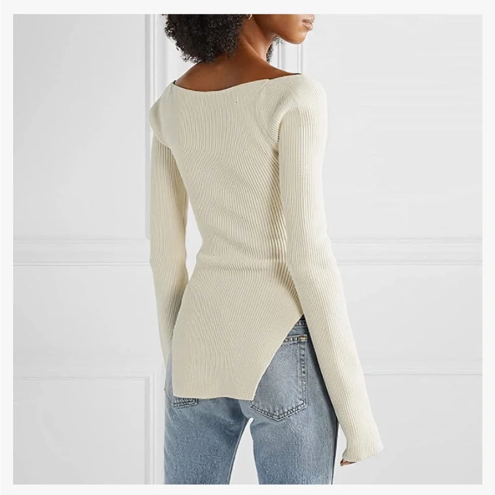 White Square Neck Ribbed Knitted Long Sleeve Sweater NWT - Picture 3 of 7